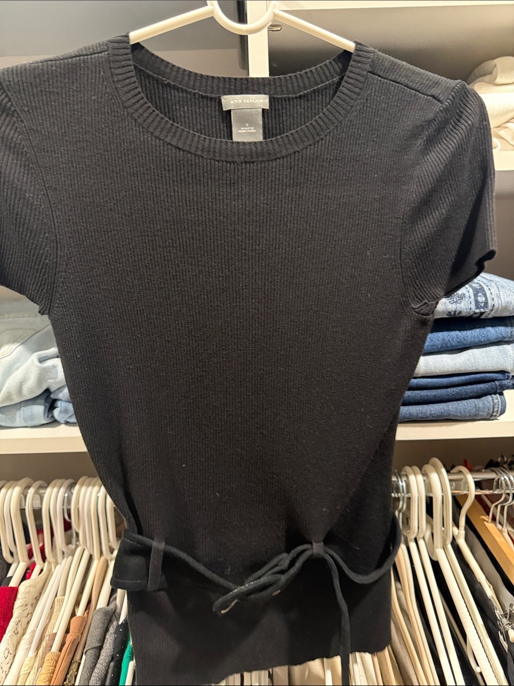 Ann Taylor Black Ribbed Short Sleeve Tie-Waist Top